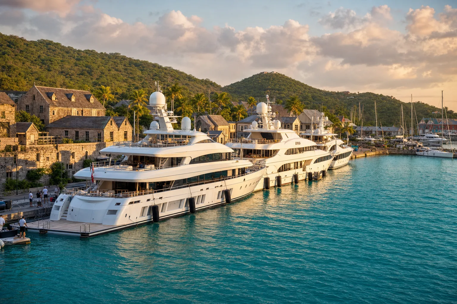 Superyachts moored stern-to in a historic Caribbean harbour at golden hour